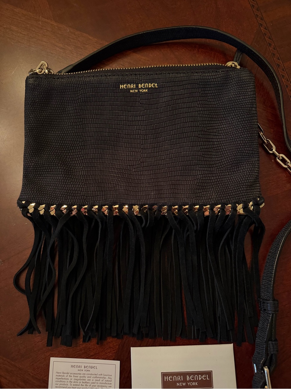 Henri Bendel Black Leather Lizard Embossed Black Fringed Crossbody Bag